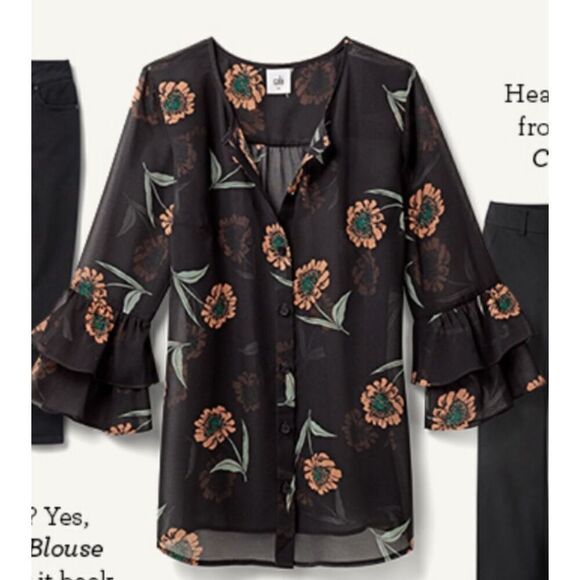 CAbi La Di Da Black Sunflower Floral Sheer Blouse Top Style 5206 Women Size XS - Picture 10 of 10
